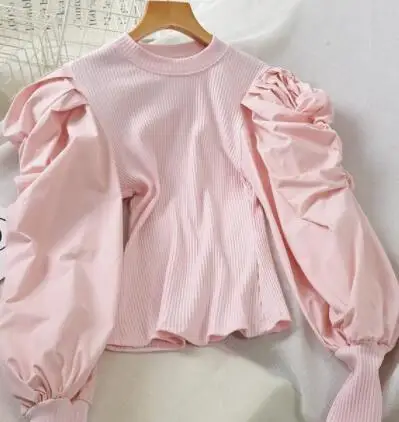 Getвесенняя женская футболка, Топ с длинным рукавом, футболка в полоску, поддельные два пуловера, женская рубашка с буфами на рукавах, Винтажная футболка, Ретро стиль, женские топы - Цвет: pink
