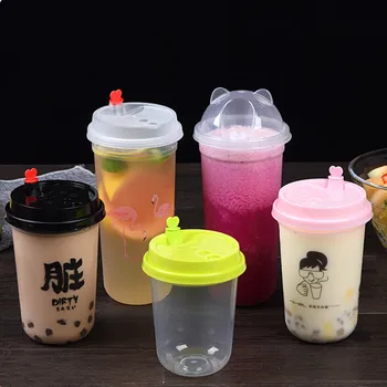 

50pcs High quality 90 caliber U shape transparent disposable pearl milk tea cold hot drink plastic cup takeaway package with lid