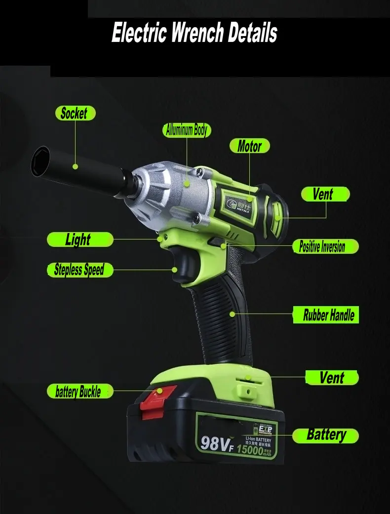 388vf 520N.M 브러시리스 무선 전기 충격 렌치 1/2 인치 전동 공구 15000mAh 리튬 배터리 호환 Makita 18V 배터리