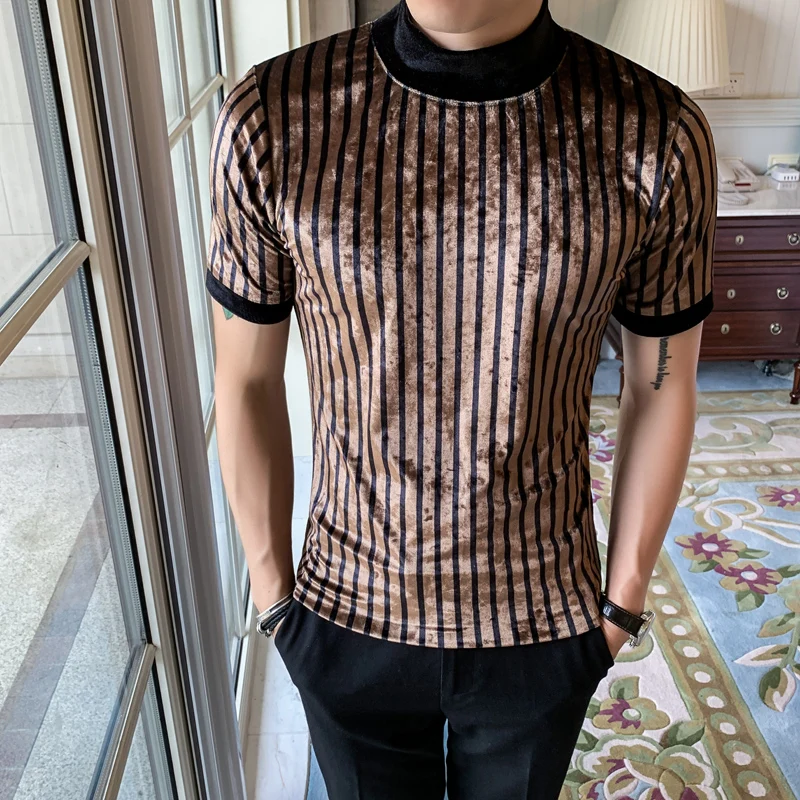 

Fashion Men T Shirts Autumn Winter Short Sleeve Striped T-Shirt Men Slim Fit Velvet Casual Tee Shirt Homme Streetwear Turtleneck