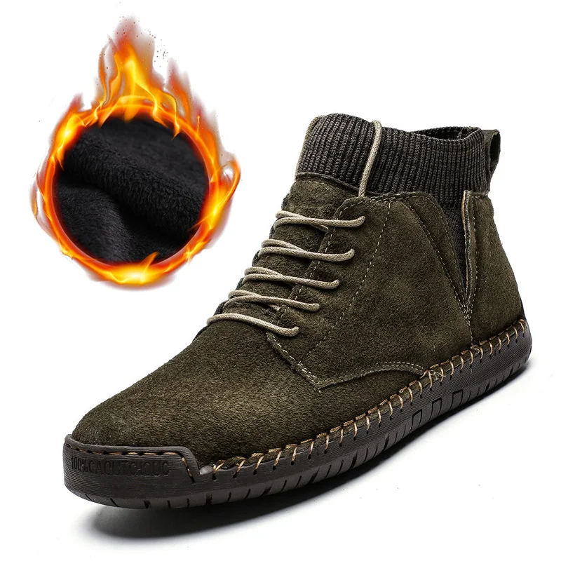 Зимняя обувь из натуральной кожи мужские замшевые ботинки теплые плюшевые зимние мужские зимние ботинки мужские модные брендовые ботильоны KA1719 - Цвет: green for winter