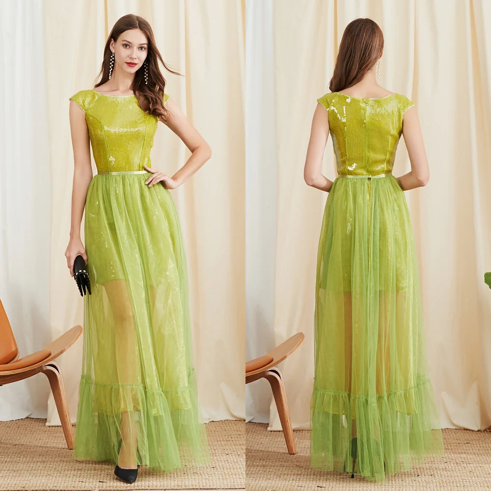 

2019 Summer New Style Europe And America Formal Dress Crew Neck Sleeveless Sequin Gauze Late Formal Dress Long Two-Piece Set