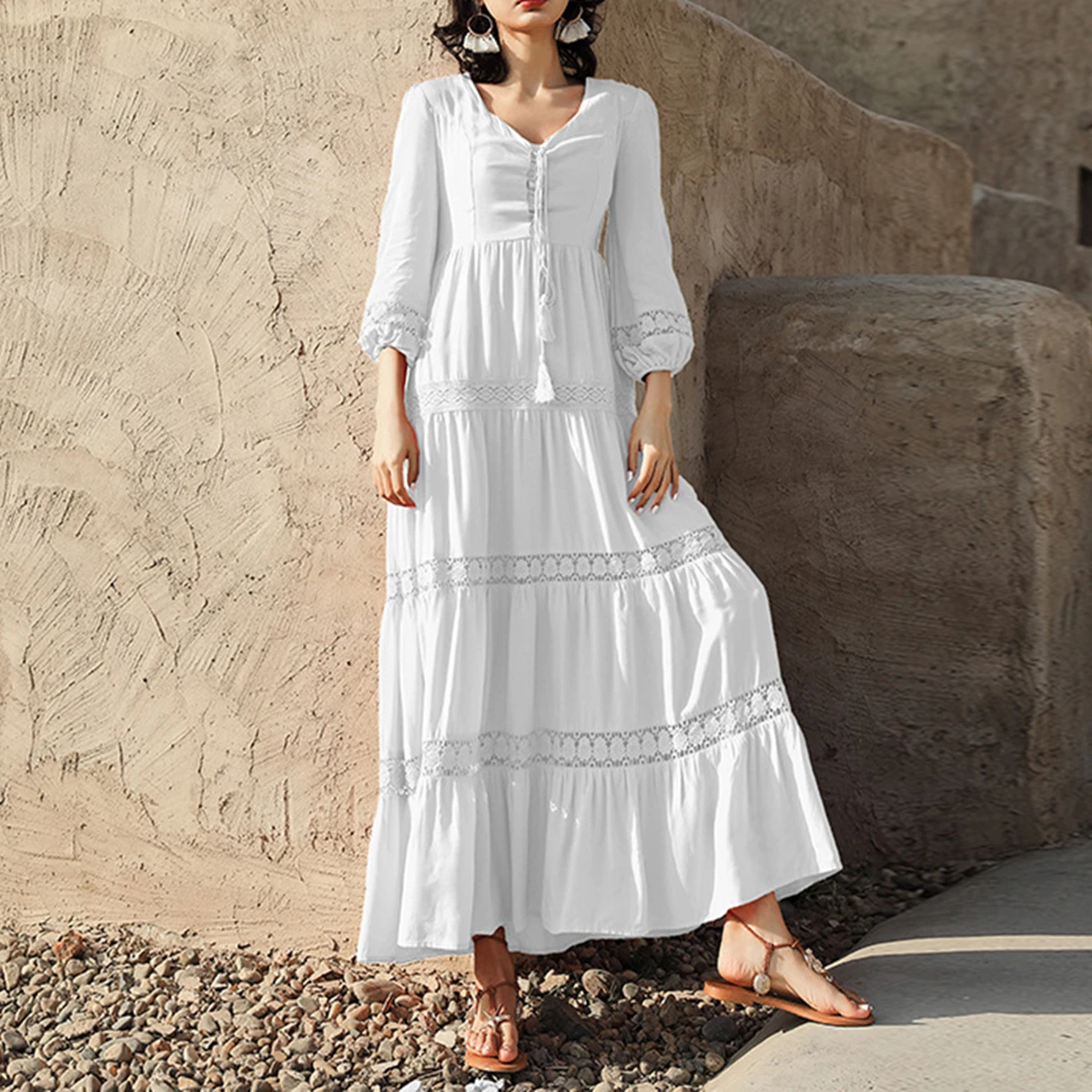 Women Casual Boho Beach Dresses Solid Lace Patchwork Holiday Split Maxi Dress Wintialy Women Dress 
