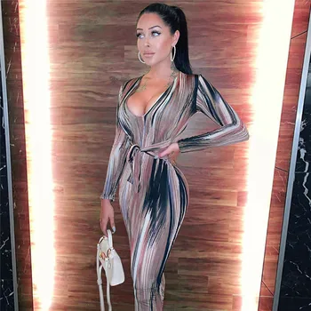 

Sexy V-Neck Dress For Women Printing Long Sleeve Party Cocktail Bandage Dress Long Dress Autumn Bodycon Dress Women Robe Longue