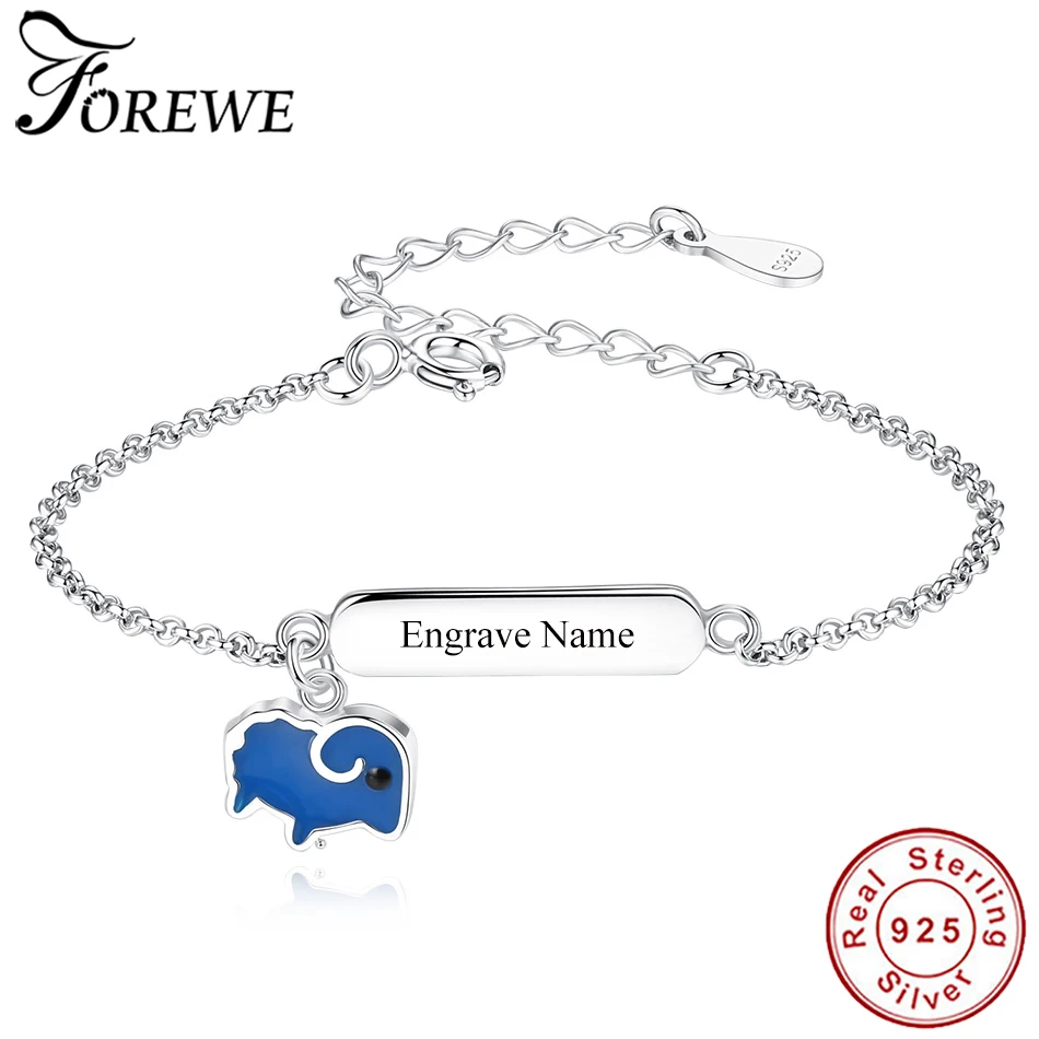 Гравировка имя синий эмаль браслет "овца" Персонализированные 925 пробы Серебряная цепочка браслет для детей девочек ювелирные изделия для детей