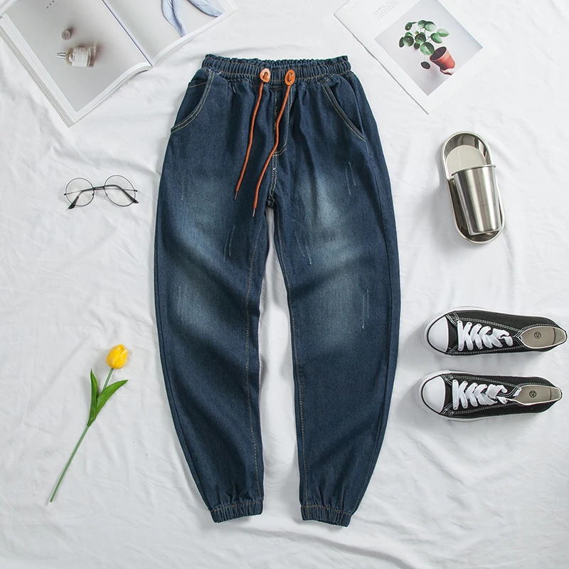 Black Friday Drawstring Jeans Men's Fashion Washed Retro Casual Ripped Jean Pants Men Streetwear Loose Hip Hop Denim Trousers Mens M-5XL