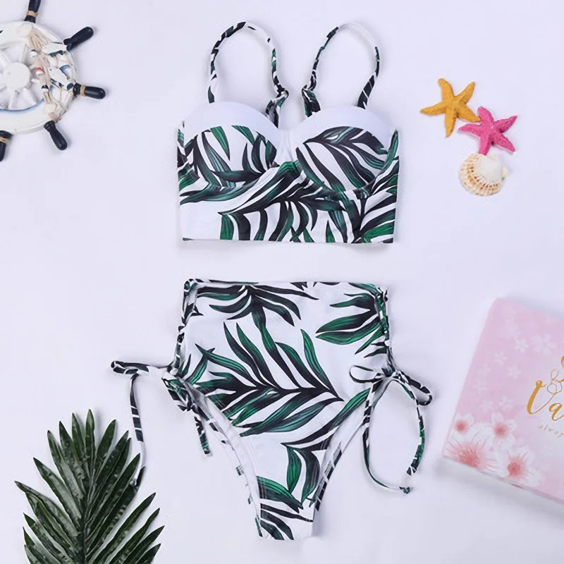 

Swimwear Women High Waist Swimsuit Bandage Bikinis Set Padded Bathing Suit Leaf Print Bikini Women Push Up Bikini Bathing Suit
