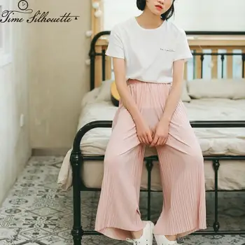 

2020 Women Chiffon Pants Summer Spring Fashion Tide Pink Elastic Waist High Pleated Wide Leg Loose Female Casual Trousers M264