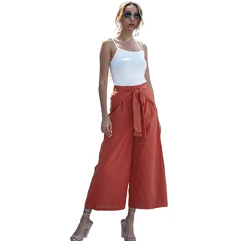 

2020 New Summer Women's Fashion Wide Leg Pants Casual Summer Casual High Waist Bind Loose Culotte Trousers Ninth Pants