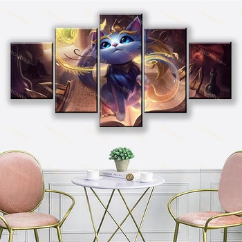 

5 Piece Yuumi LOL Game Poster Paintings HD Cartoon Cute Cat Picture Fantasy Canvas Wall Artwork Home Decoration for Living Room
