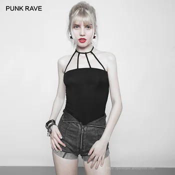 

PUNK RAVE New Gothic Women's Black Sleeveless Halter Neck Cotton Top Punk Minimalist Sexy Strap Bottom Harajuku T Shirt