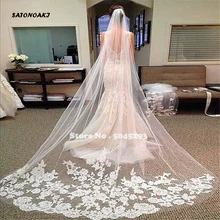 SATONOAKI,, 3M, Длинные Свадебные вуали для собора, свадебные аксессуары, кружевная кромка, фата невесты с гребнем, veu de noiva longo