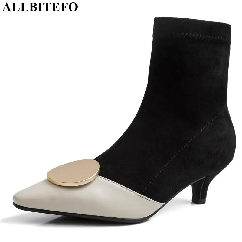 

ALLBITEFO real genuine leather Dermal velvet women boots thin heel simple style ankle boots winter girl fashion sexy boots