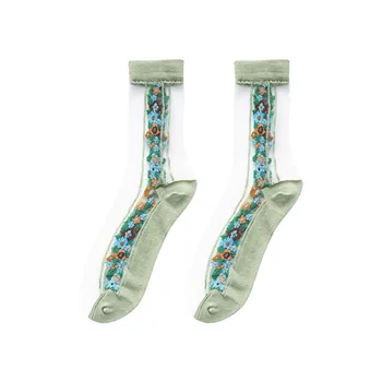 

Fashion Women Transparent Invisible Socks Hemp Pattern Glass Silk Female Socks Retro Small Floral Short Socks носки короткие #04