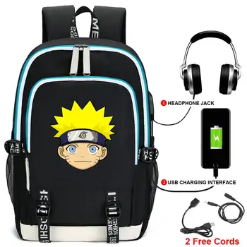 

New Naruto Backpack USB Port Headphone Rucksack Bag Teenager Student School Laptop Black Bag Gift