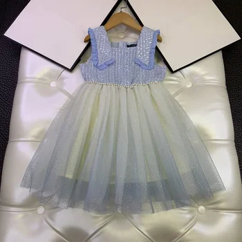 

European and American parent-child summer new 2020 children's wear Sleeveless square neck net pleated Baby girl dress