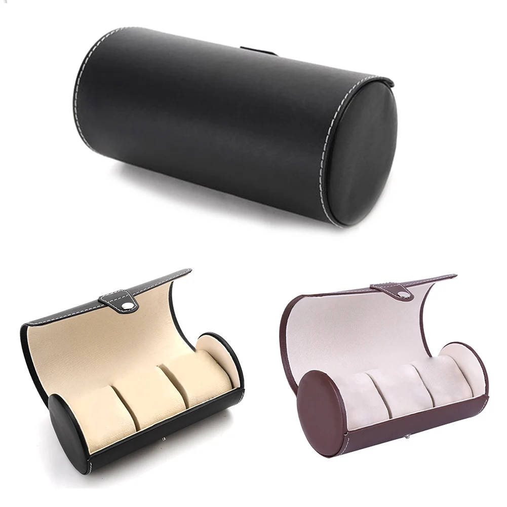 

3 Slot Durable PU Leather Removable Pillows Portable Cylindrical Waterproof Travel Storage Case Watch Box Jewelry Organizer