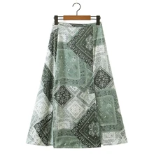 

Hot Sale Women Patchwork Print Satin Side Slit Midi Skirts Casual Female High Waist Loose Clothes P2558