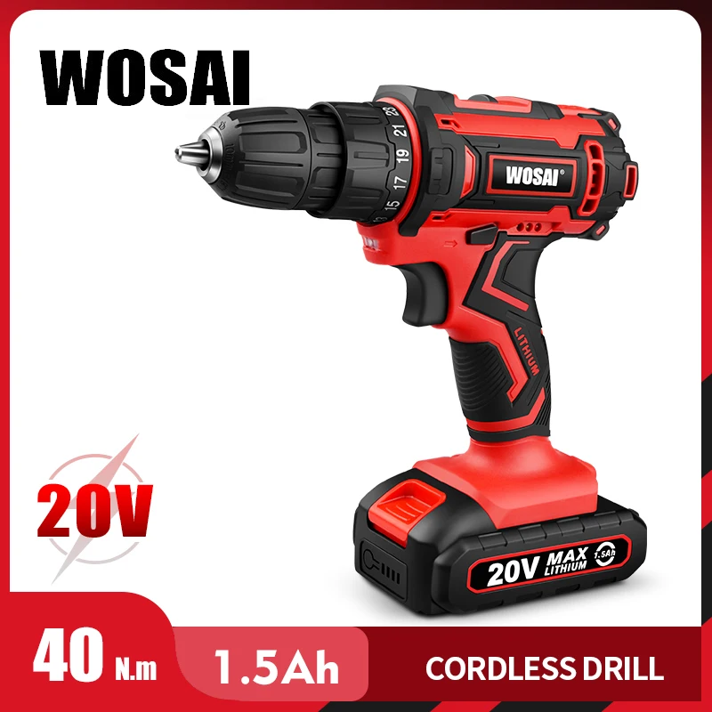 WOSAI New 20V Cordless Drill Electric Screwdriver Mini Wireless Power Driver DC Lithium Ion Battery 3/8 Inch 2 Speed 4.8