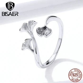 

Women Rings BISAER Authentic 925 Sterling Silver Ginkgo Leaf Leaves Open Size Finger Rings for Women Silver Jewelry Anel EFR097