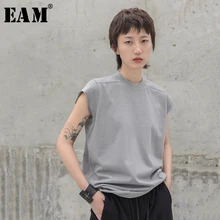 EAM-Camiseta holgada de manga corta con cuello redondo para mujer, remera holgada de Sport de color gris con abertura para mujer JW524 2021