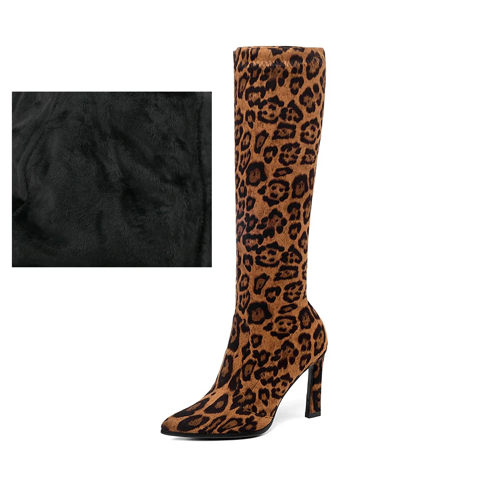 Leopard Tan fur Женские эластичные сапоги до колена; леопардовые зимние сапоги для женщин; вечерние сапоги до колена с острым носком на тонком высоком каблуке; цвет черный, красный; размеры 34-43 - Цвет: Leopard Tan fur