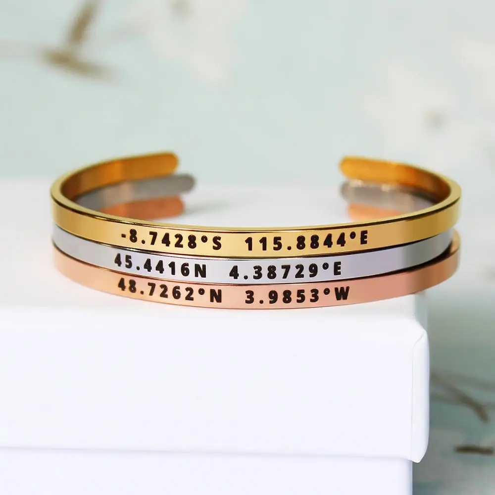 Bracelet Bangles Engrave Coordinate Open-Cuff Laser Gift Adjustable Stainless-Steel Custom