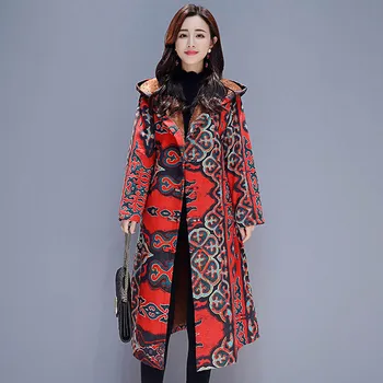 

Female Vintage Trench Coat Winter Women National Wind Printed Windbreaker Long Sleeve Cotton Thick Hooded Trench Coat