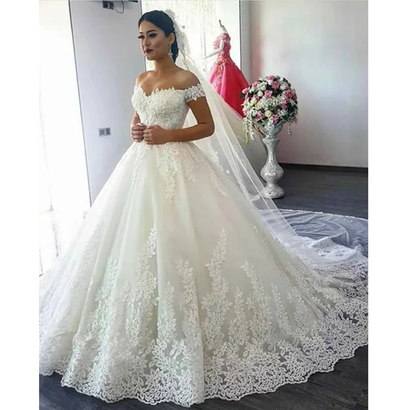 ^*Best Offers Klassieke Uit de Schouder Trouwjurken Lace Applique Baljurk Bruid Jurk Plus Size Bruidsjurken Custom Robe de mariage