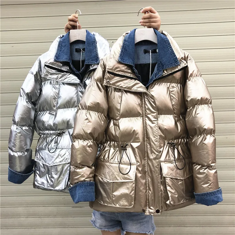 New Denim stitching Women winter jackets Short warm coat Silver bread styl ladies parka winter Thick Cotton Padded coat Outwear
