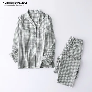 

INCERUN Plaid Men Pajamas Sets Lapel Long Sleeve Nightwear Pants Fashion Leisure Homewear Cozy Men Couple Sleepwear Sets S-5XL