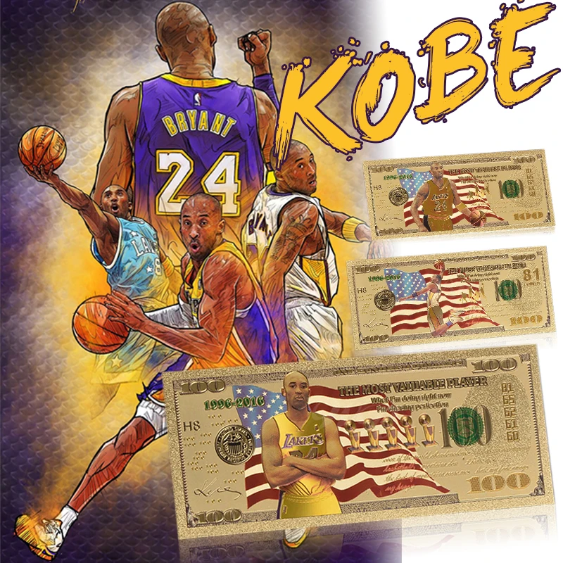 

WR Original Replica 24K Gold Banknotes Kobe Lakers NBA Colorful USA Gold Souvenir Fake Bank Note Fake 100 Money Dollars Bills