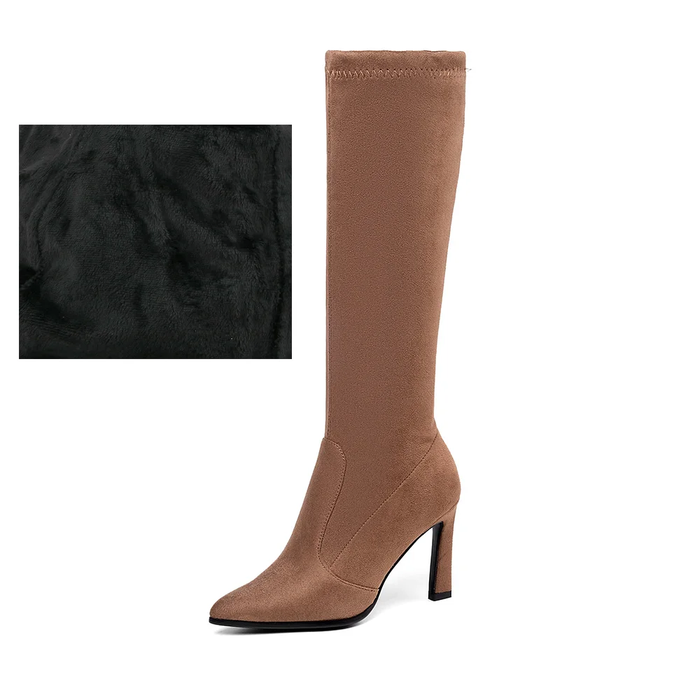 camel fake fur Женские эластичные сапоги до колена; леопардовые зимние сапоги для женщин; вечерние сапоги до колена с острым носком на тонком высоком каблуке; цвет черный, красный; размеры 34-43 - Цвет: camel fake fur
