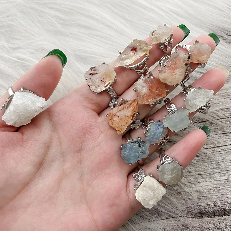 Gold Plated Raw Quartz Ring for Women Fashion Colorful Irregular Natural Stone Open Wholesale Wedding Jewelry Adjustable | Украшения и