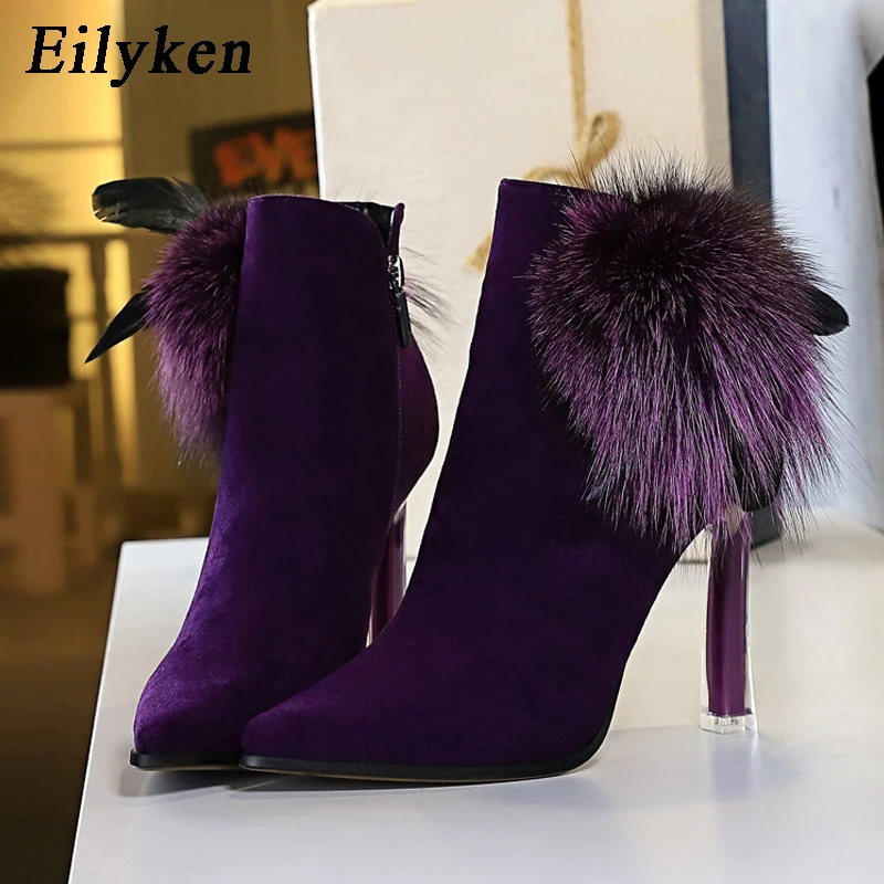 

EilyKen Winter Warm Short Plush Ankle Boots Fashion Handmade Woman Flock Leather Pointed Toe Zip Stiletto Heels Bootties