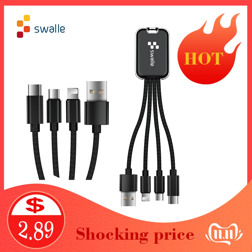 

Swalle Mini 3 in 1 USB Cable keychain Portable short Micro USB Type C Multi Charger Cable For Xiaomi Huawei iPhone fast charging