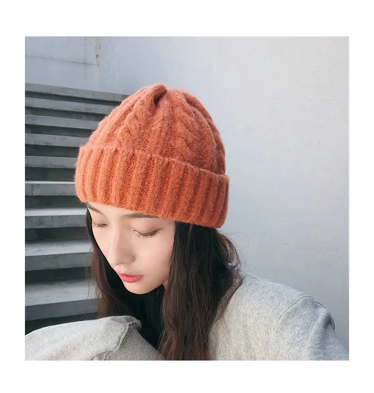 Женские шерстяные хип-хоп Skullies зимние теплые трикотажные шапки для дам, дикие одноцветные утолщенные шапочки, новые модные шапочки для девочек