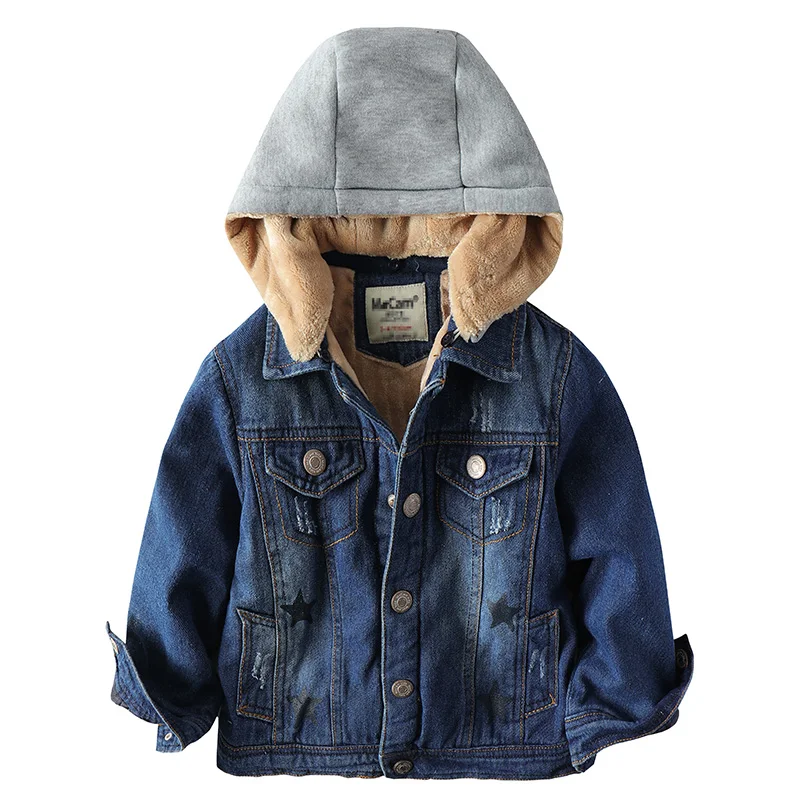 Детская Вельветовая джинсовая куртка для мальчиков плотная теплая хлопковая одежда для мальчиков Новинка года, осенне-зимняя детская От 3 до 9 лет с капюшоном
