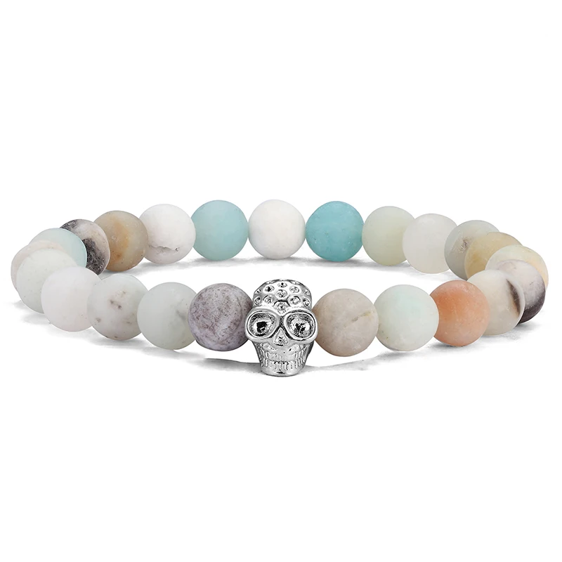 LIVVY Punk double skull design bead bracelet 4 color natural stone beaded bracelet men's bicycle bracelet jewelry - Окраска металла: AS1219