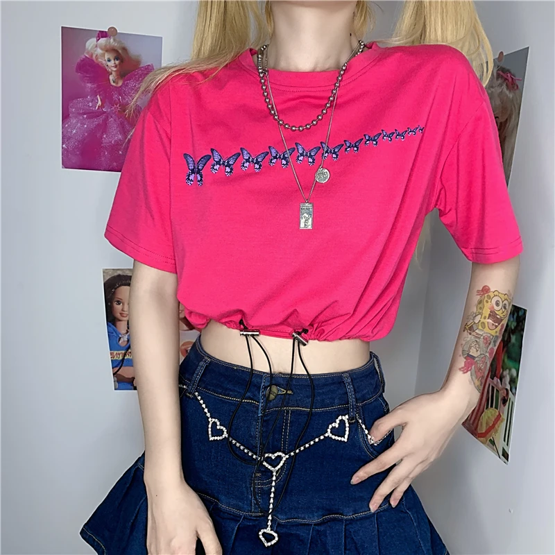 

Summer Y2k White Butterfly Graphic Short Sleeve Baby Tees Korean Fashion Kawaii Harajuku Cute Ruched Crop Top T Shirt Women 2021