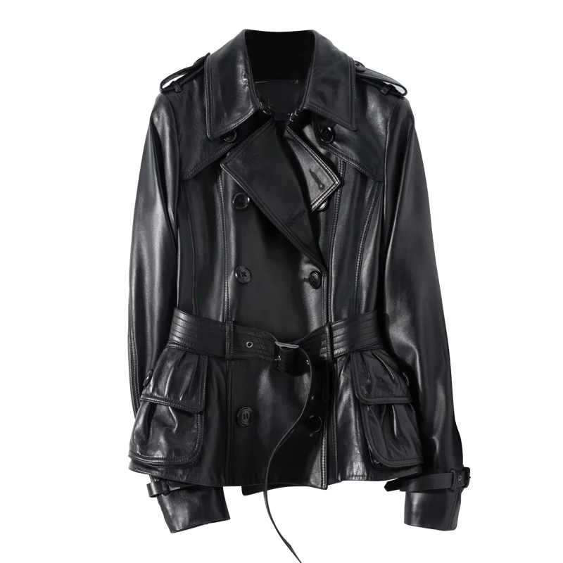 Nerazzurri Black spring leather trench coat women belt long sleeve double breasted womens high fashion 2020 Leather jacket women