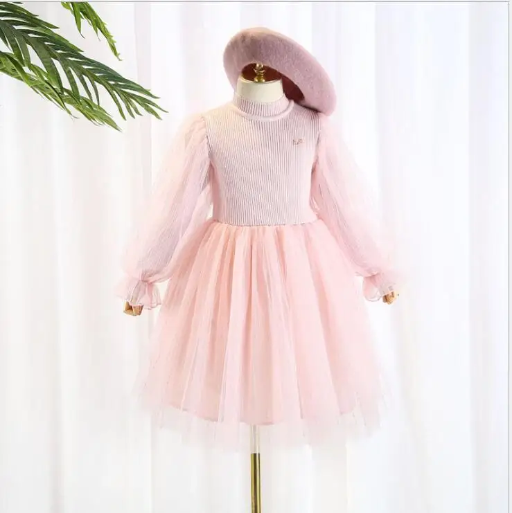Новое Детское вязаное Сетчатое платье, элегантная одежда принцессы для девочек, 5 шт./партия