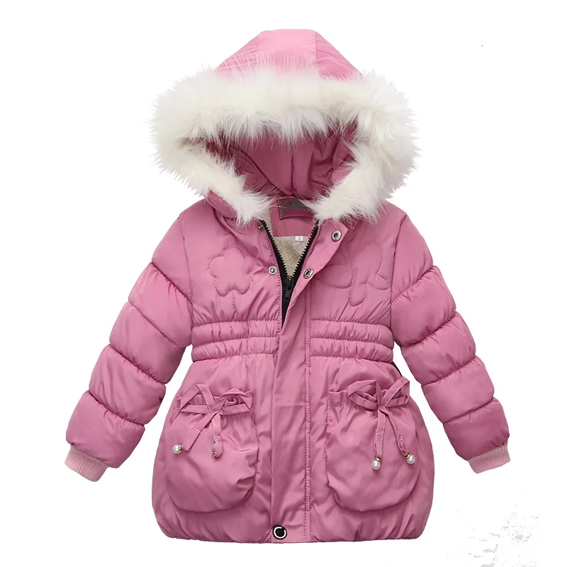 Новая зимняя куртка для девочек с мехом; зимняя плотная теплая верхняя одежда с капюшоном для детей; пальто для девочек; хлопковая одежда в горошек для девочек; одежда для детей - Цвет: pink