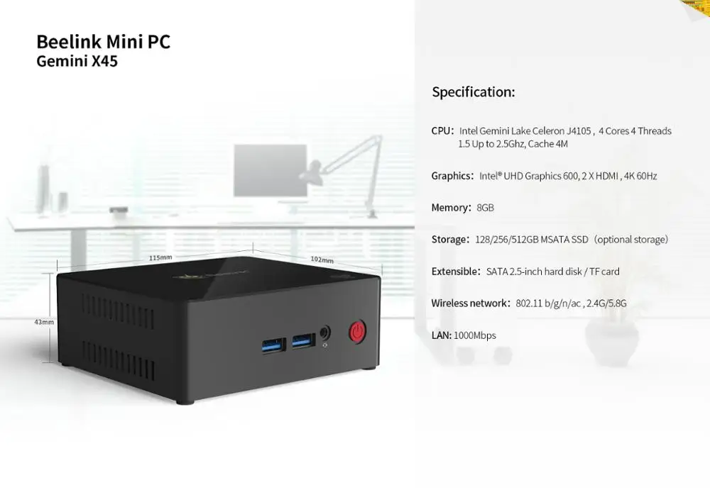 Beelink X45 мини ПК Win10 Intel Celeron J4105 8G ОЗУ 128 ГБ/256 ГБ/512 Гб ПЗУ USB3.0 BT4.0 Dual HDMI WIFI 2 4G + 5 8G|Мини