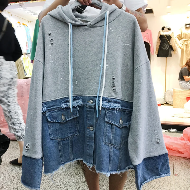 Loose Hoodie Woman Oversized Sweatshirt Autumn Holes Pullovers Long Sleeve Denim Coat Girls Student Loose Streetwear Femme