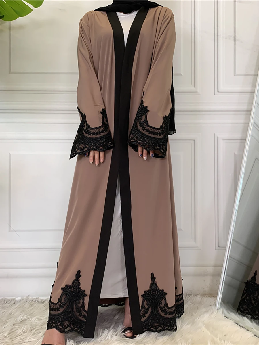 Bushra Middle East Ramadan Patchwork Lace Long Cardigan Muslim Women Dubai Abaya Maxi Robe Kimono Dress Islamic Clothing