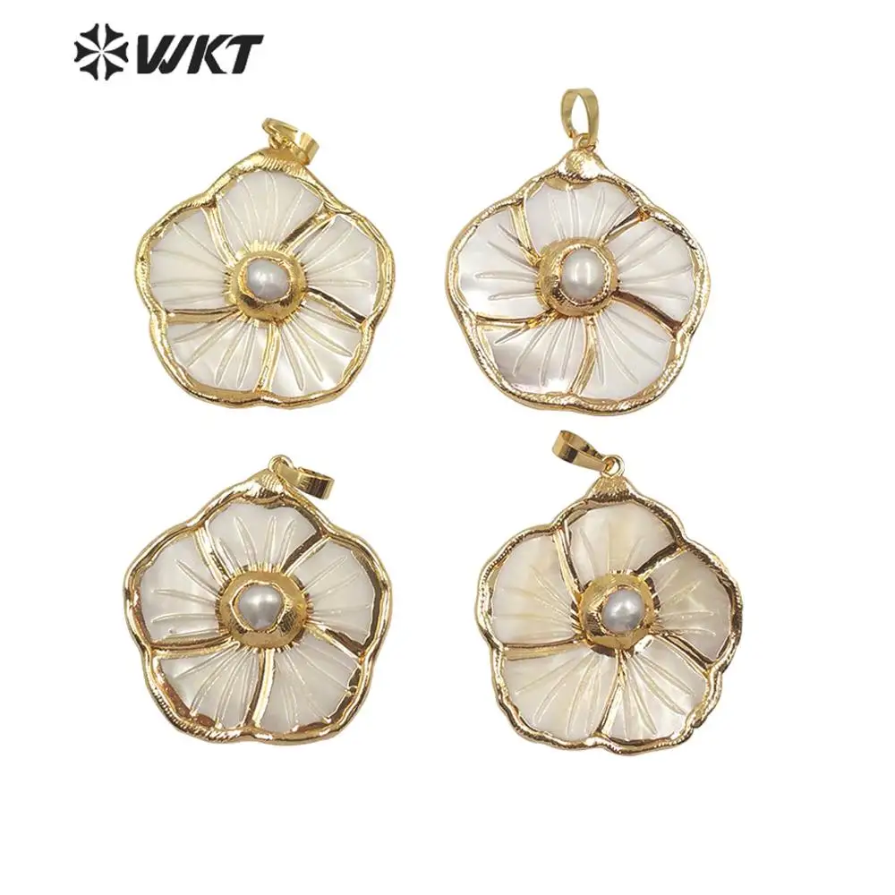 WT-JP171 Newst Product Vintage White Shell Pendant With Carved Flower Shape For Women Jewelry 4