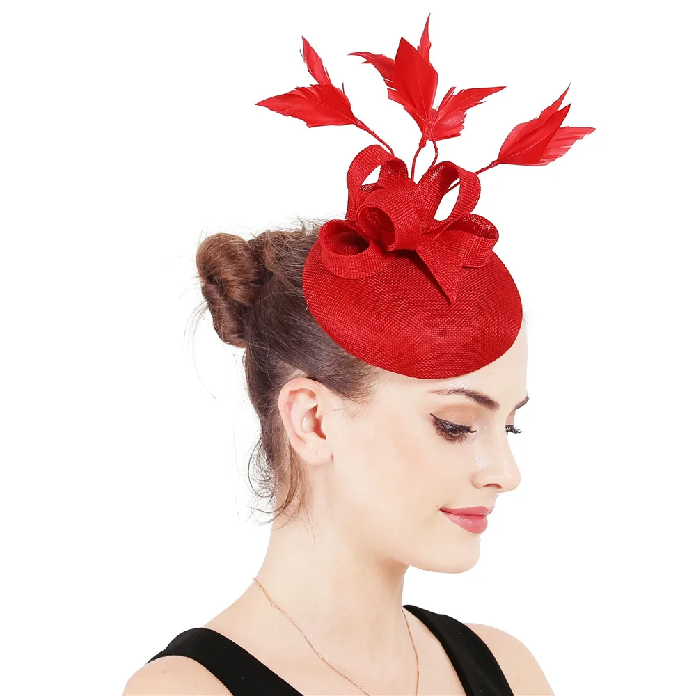 Новые женские шляпки с сеткой цвета хаки, модные женские шляпы с лентами для свадебной вечеринки, красивые аксессуары SYF570 - Цвет: Красный