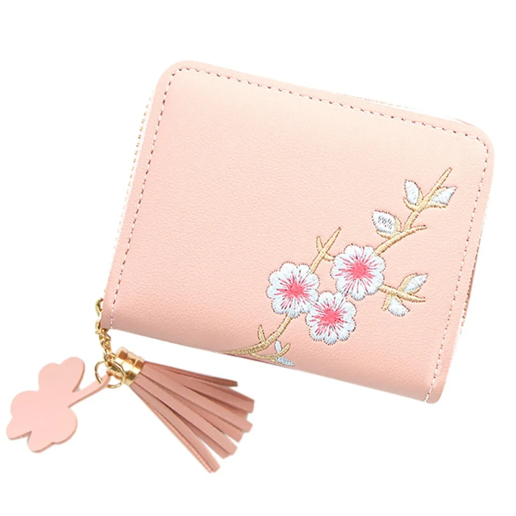 Pink Transer из искусственной кожи кошелек для карт для женщин Винтаж Вышивка цветок мини деньги сумочки с бахромой маленькая сумка для мелочи ID Passport - Цвет: Pink