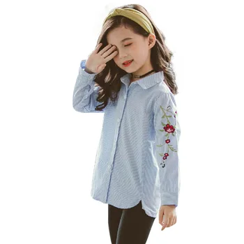 

Shirt For Girl Flower Embroidery Blouse For Girl Fashion Striped Children's Blouse For Girls Autumn Kids Clothing For Girls
